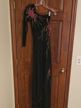 Black One-Shoulder Evening Gown with Pink and Gold Embroidery